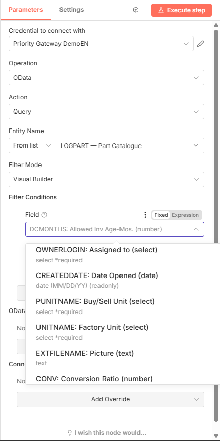 The node's parameter panel in n8n: operation OData, action Query, entity LOGPART — Part Catalogue, and an open field list showing Priority columns with their types.